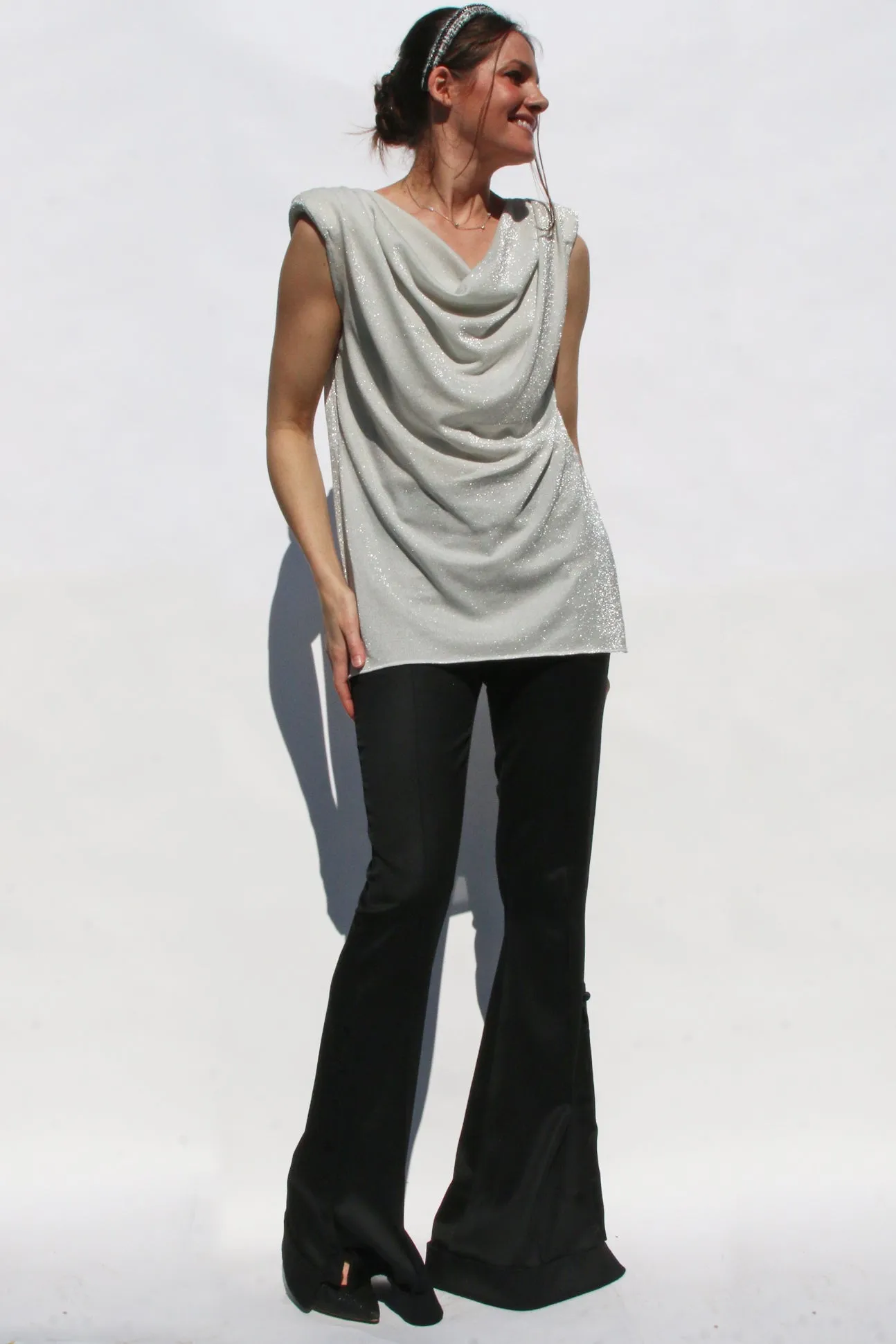 Silver Knit High Shoulder Blouse