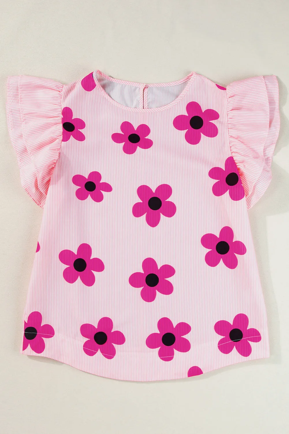 Skye Ruffled Flower Printed Round Neck Cap Sleeve Blouse