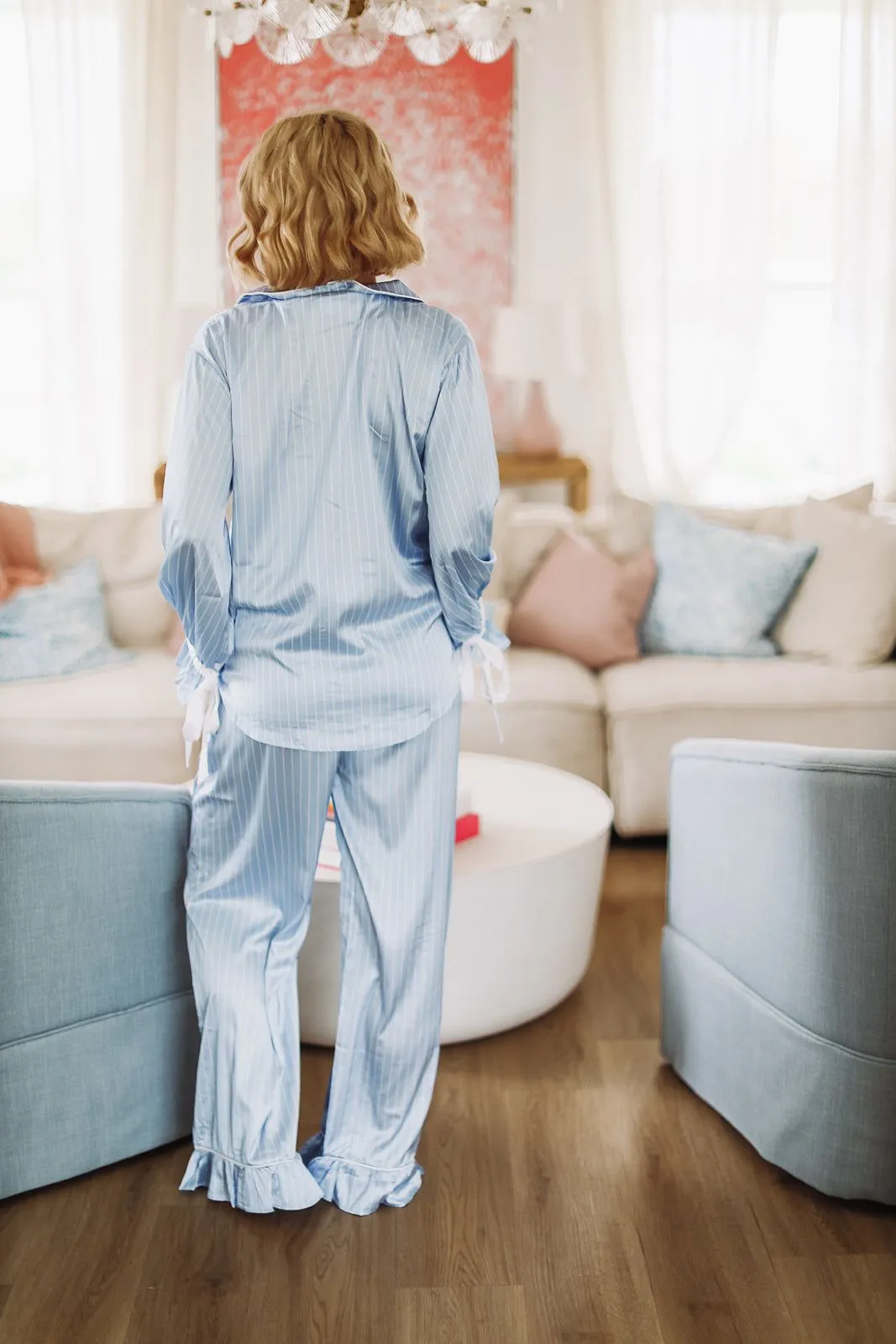 Sleeping on a Cloud Pant and Top Pajama Set - Sky Blue and White