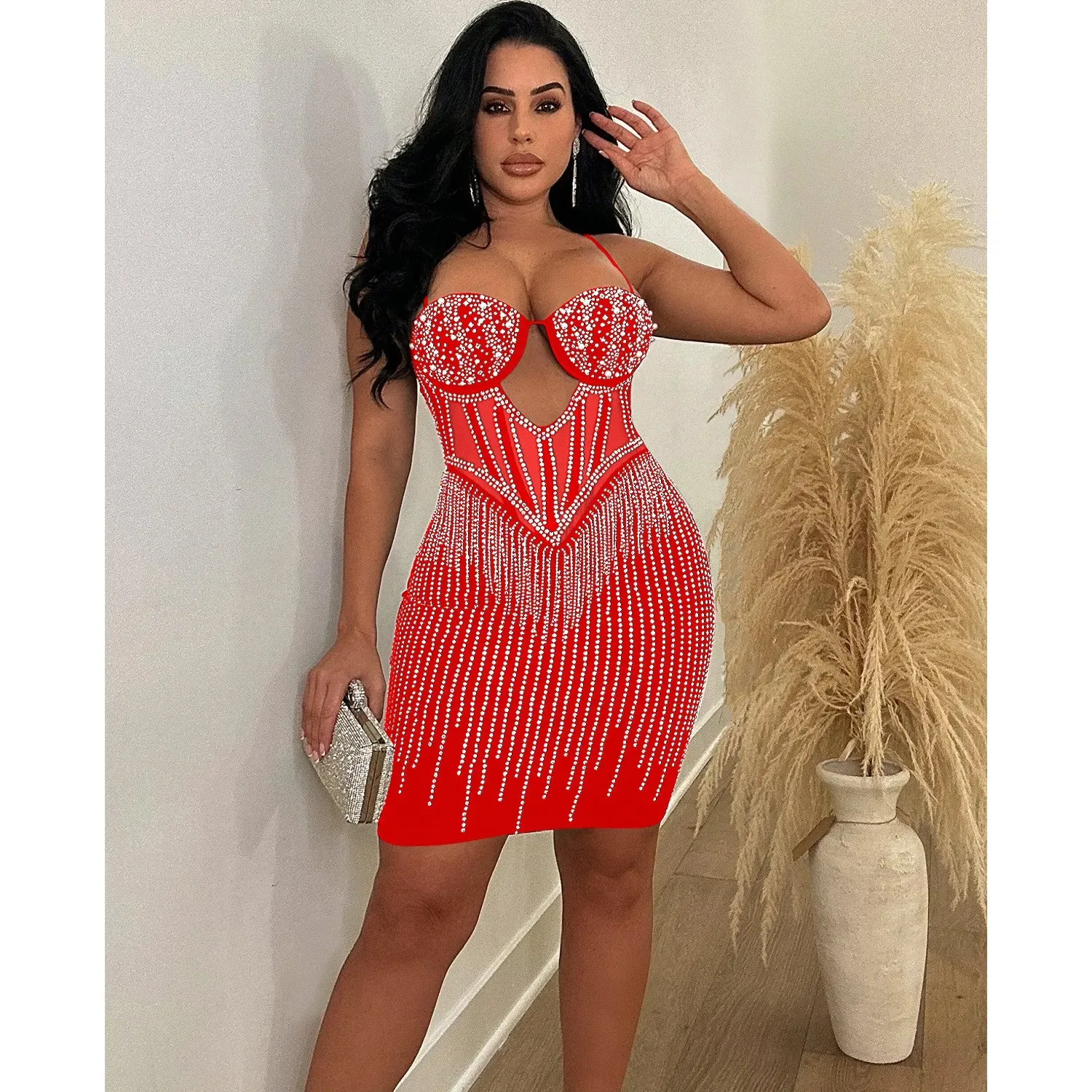 Solid Colour Diamond Strap Short Dress