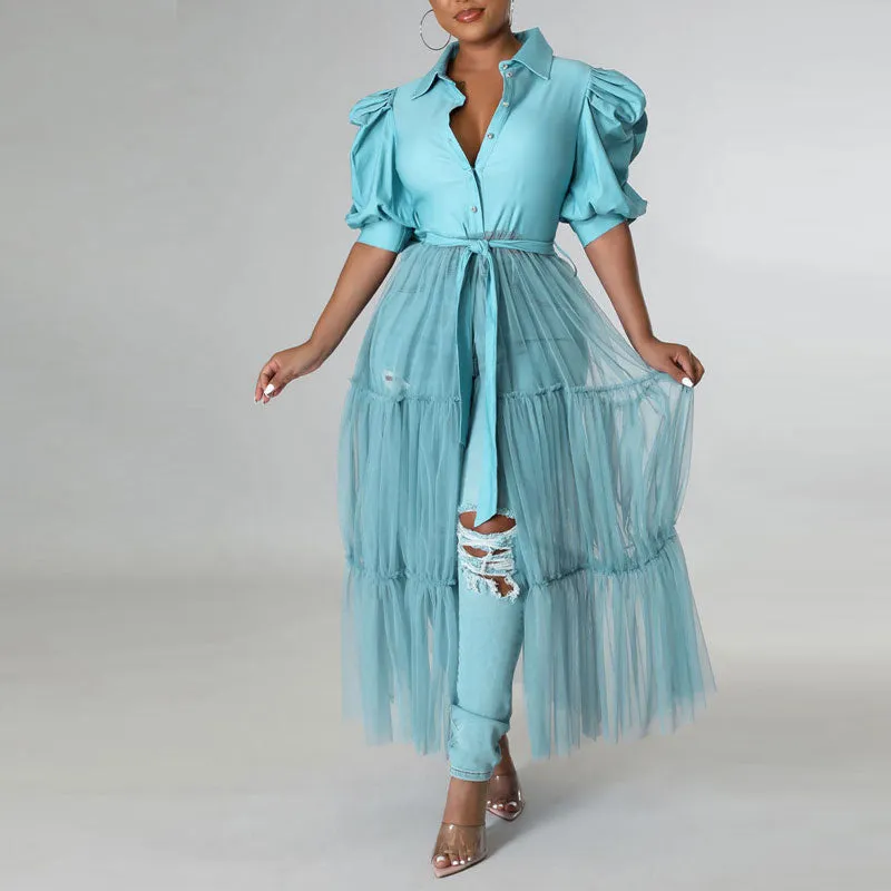 Solid Lantern Sleeve Sheer Mesh Patchwork Shirt Dress