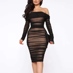 Solid Off Shoulder Long Sleeve Sheer Mesh Bodycon Dress