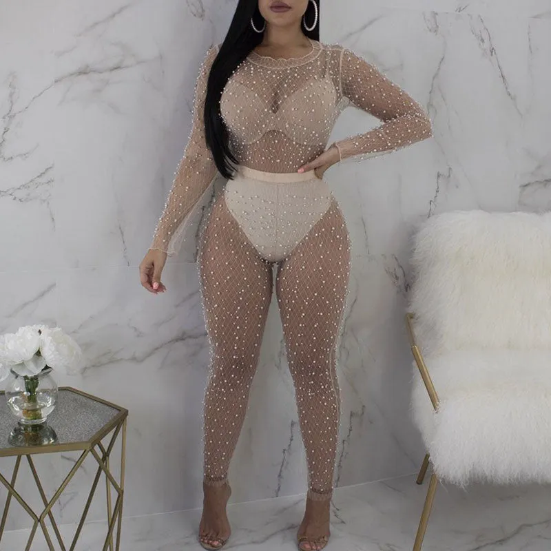 Solid Sheer Mesh Beaded Two Piece Set