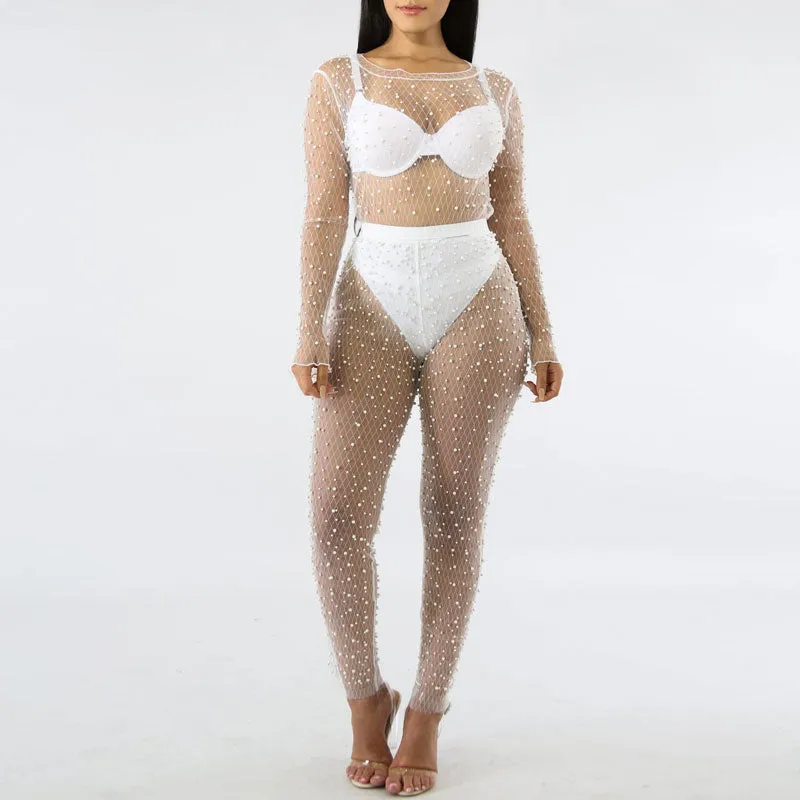 Solid Sheer Mesh Beaded Two Piece Set