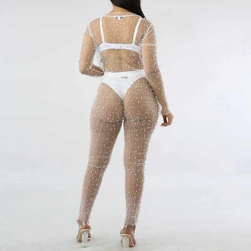 Solid Sheer Mesh Beaded Two Piece Set