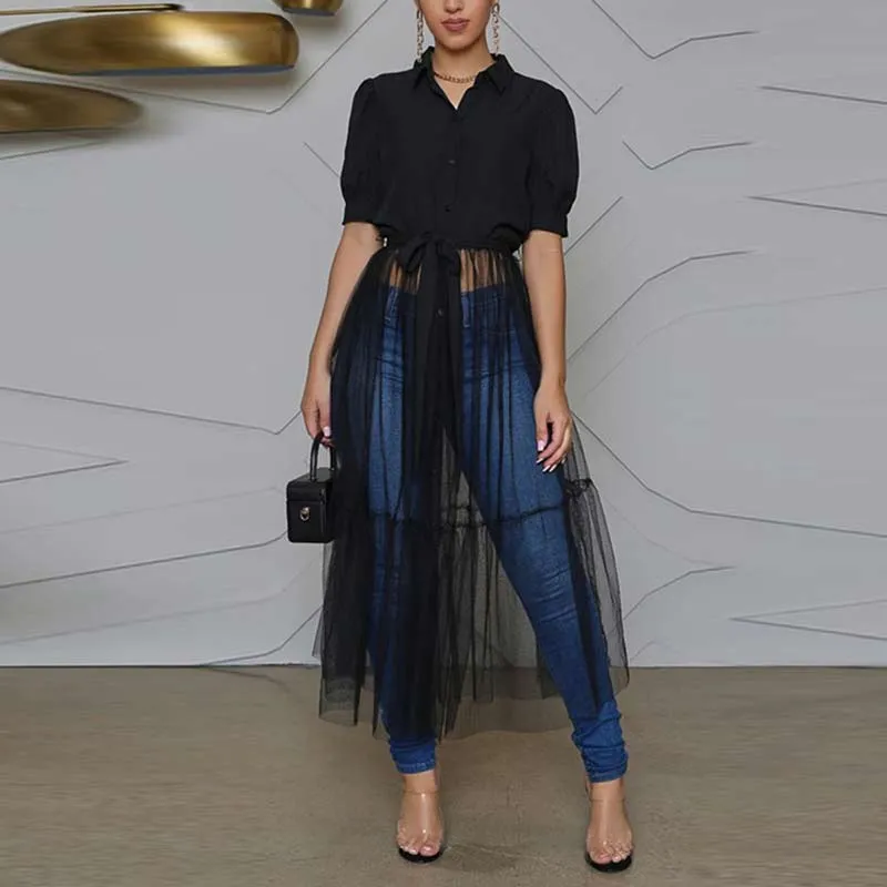 Solid Short Sleeve Sheer Mesh Patchwork Dress