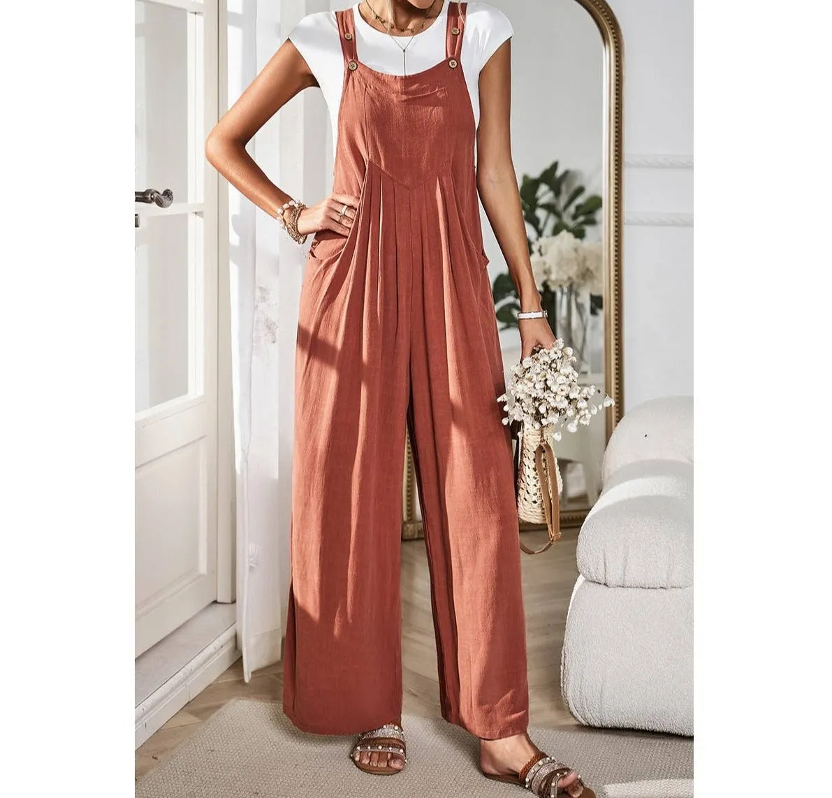 Solid Wide Leg Pocketed Shoulder Tie Overalls
