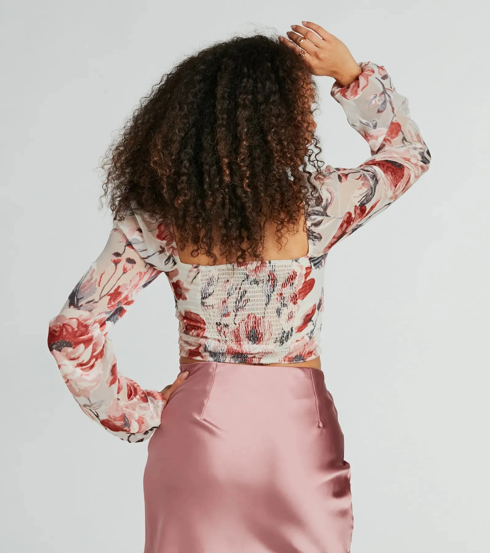 Spring-Chic Long Sleeve Floral Velvet Burnout Blouse