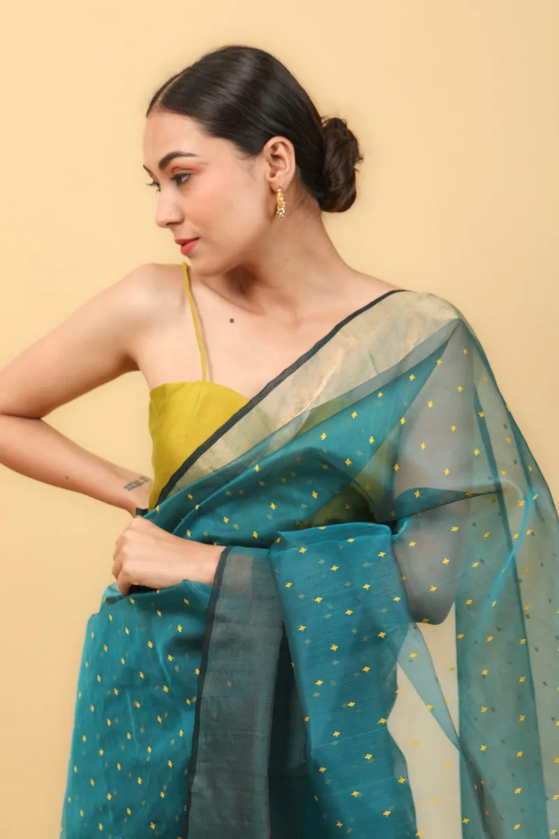 Teal Blue Handwoven Katan Silk Saree With Broad Border & Yellow Motifs
