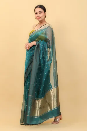 Teal Blue Handwoven Katan Silk Saree With Broad Border & Yellow Motifs
