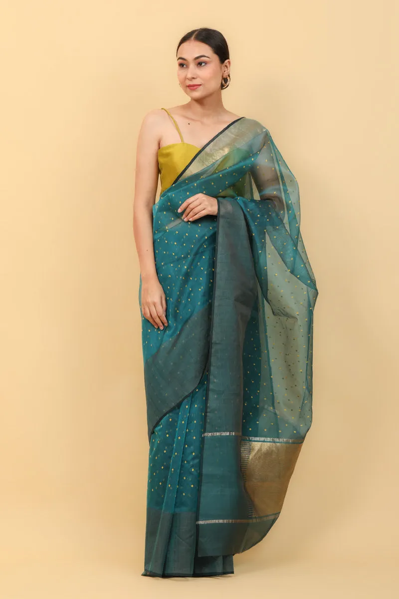 Teal Blue Handwoven Katan Silk Saree With Broad Border & Yellow Motifs