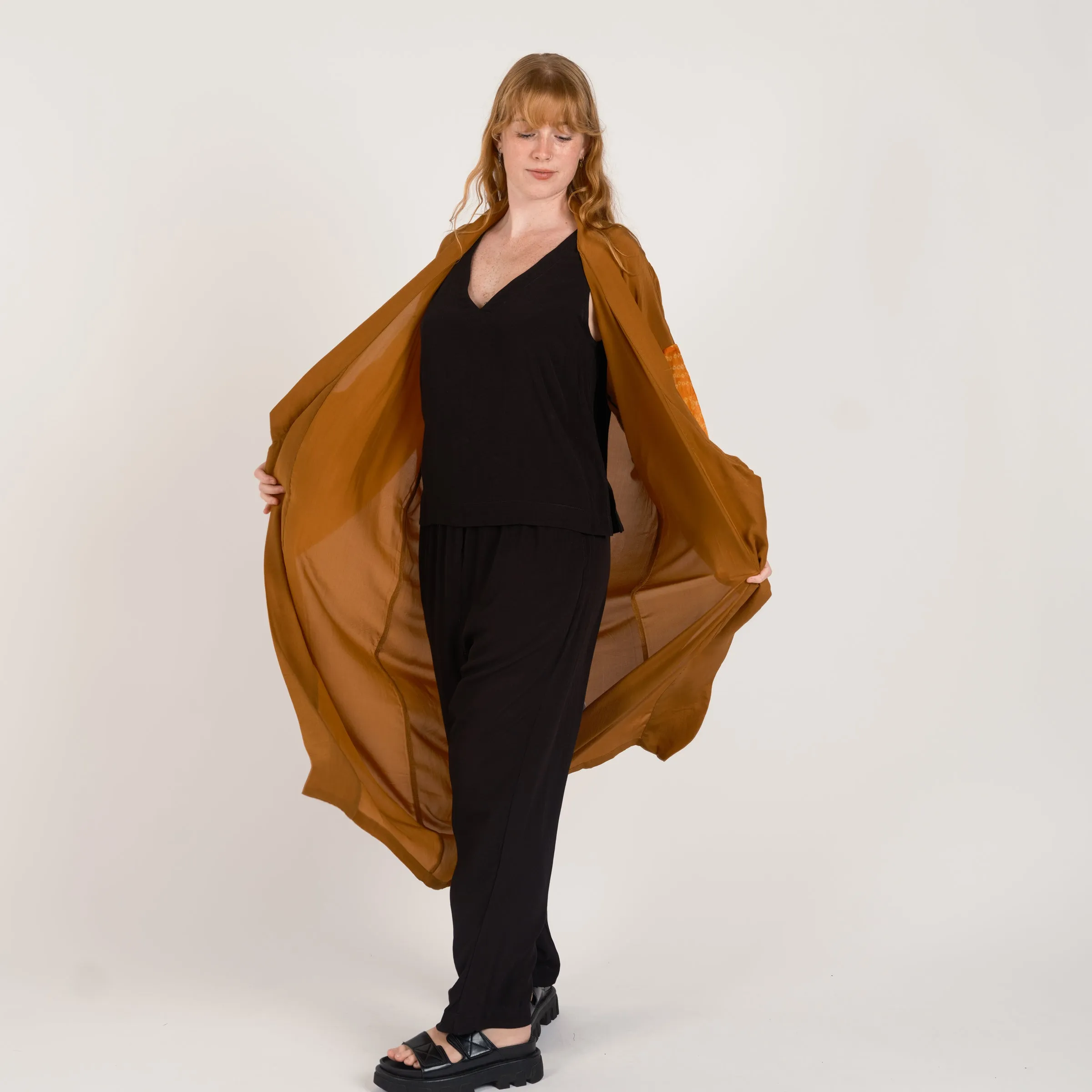 THE LONG SILK BANDAHNI KIMONO Amber and Orange