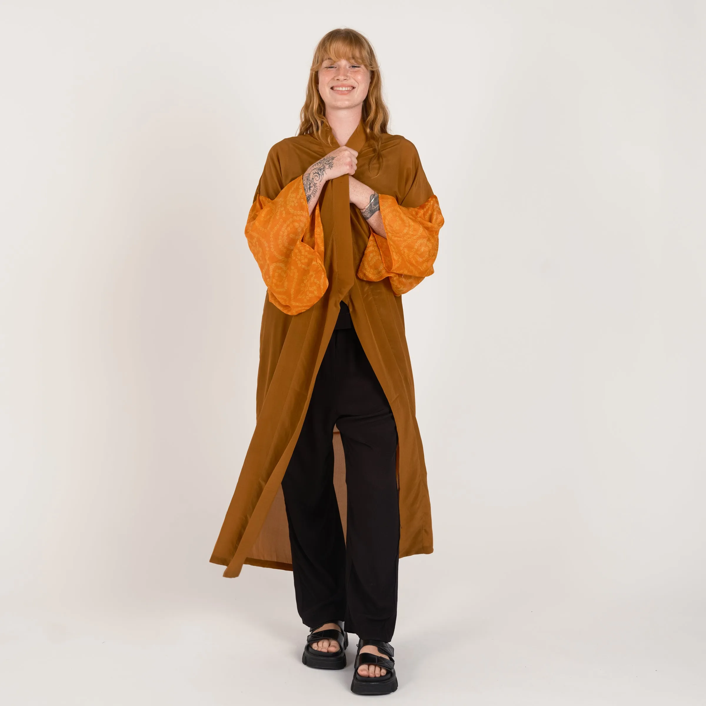 THE LONG SILK BANDAHNI KIMONO Amber and Orange