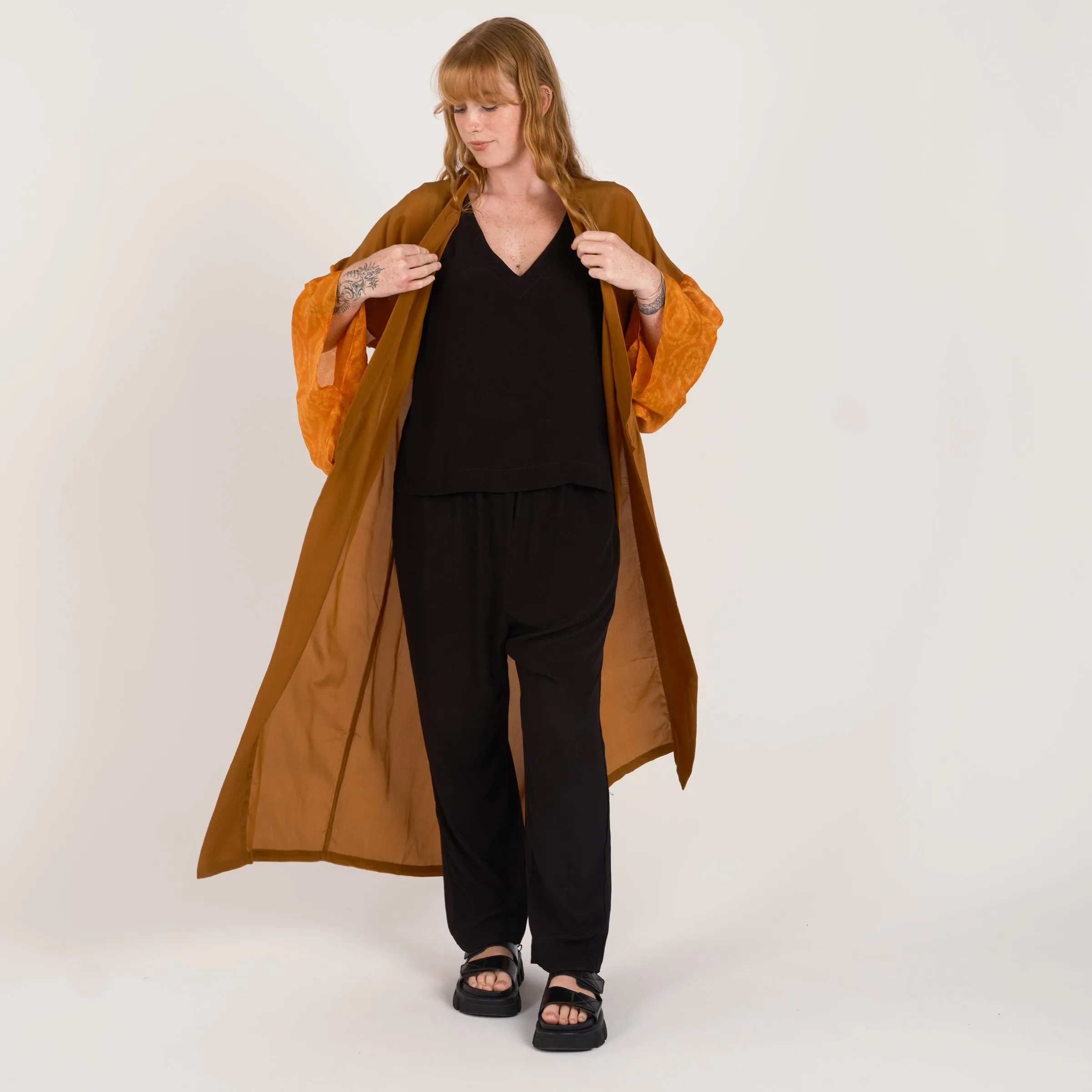 THE LONG SILK BANDAHNI KIMONO Amber and Orange