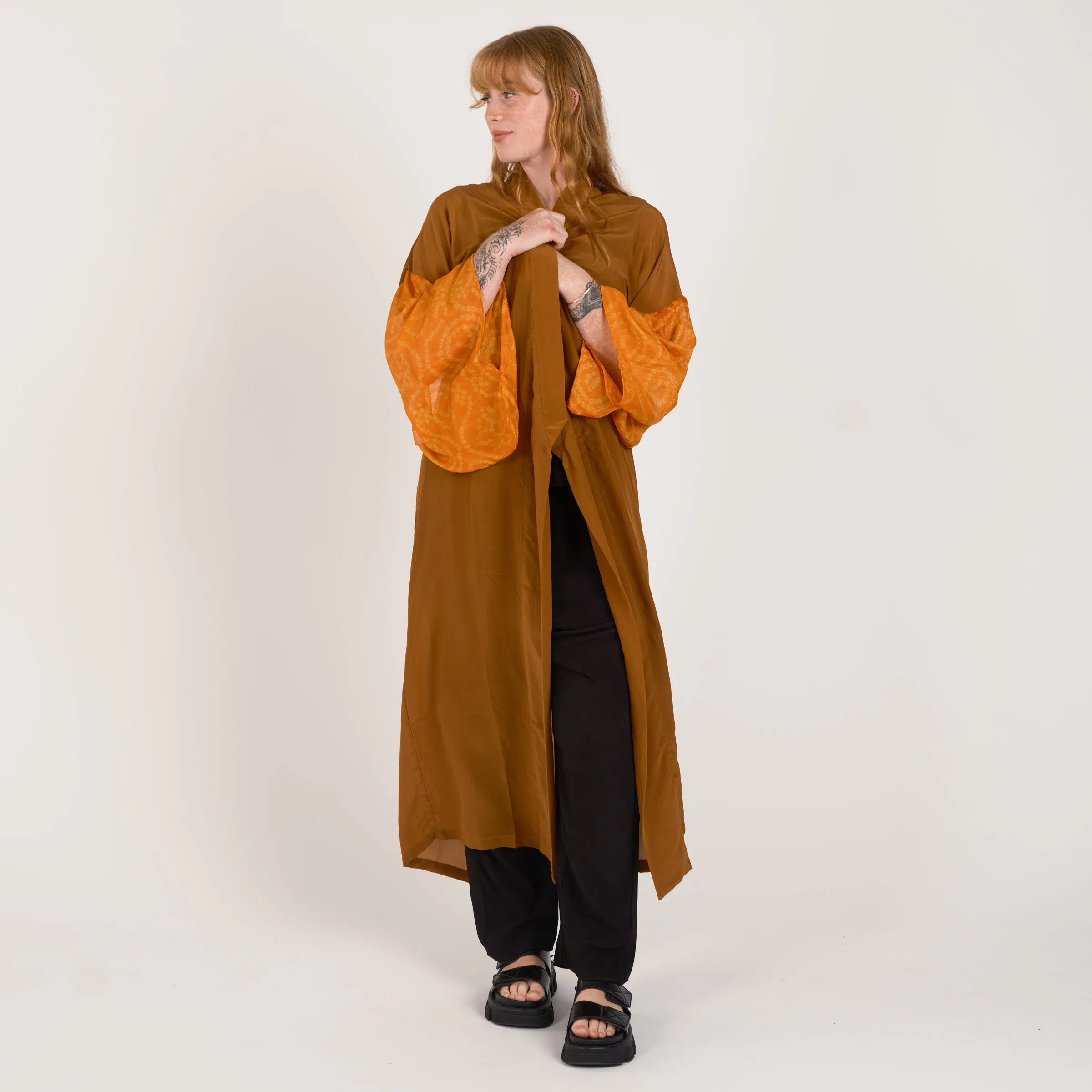 THE LONG SILK BANDAHNI KIMONO Amber and Orange