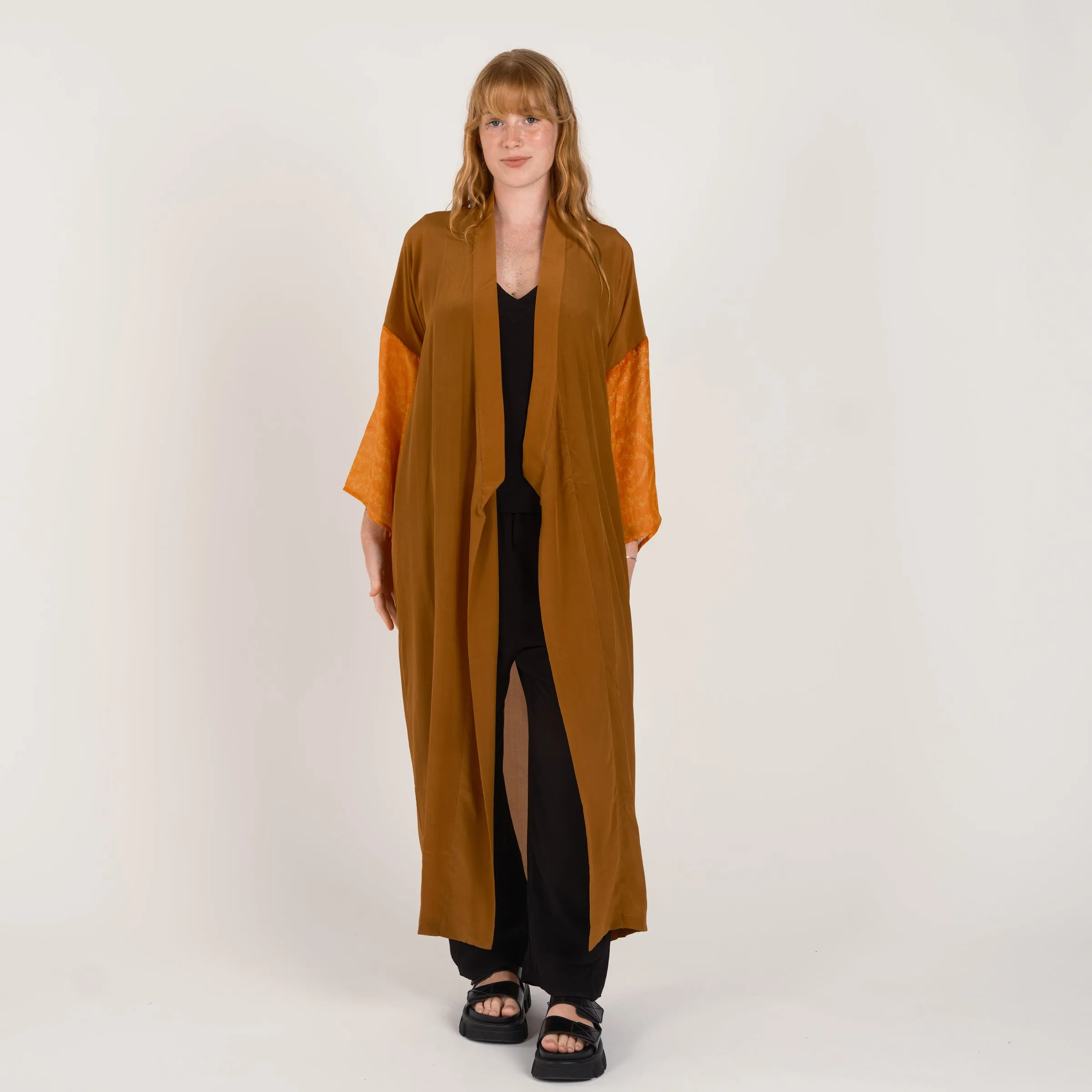 THE LONG SILK BANDAHNI KIMONO Amber and Orange