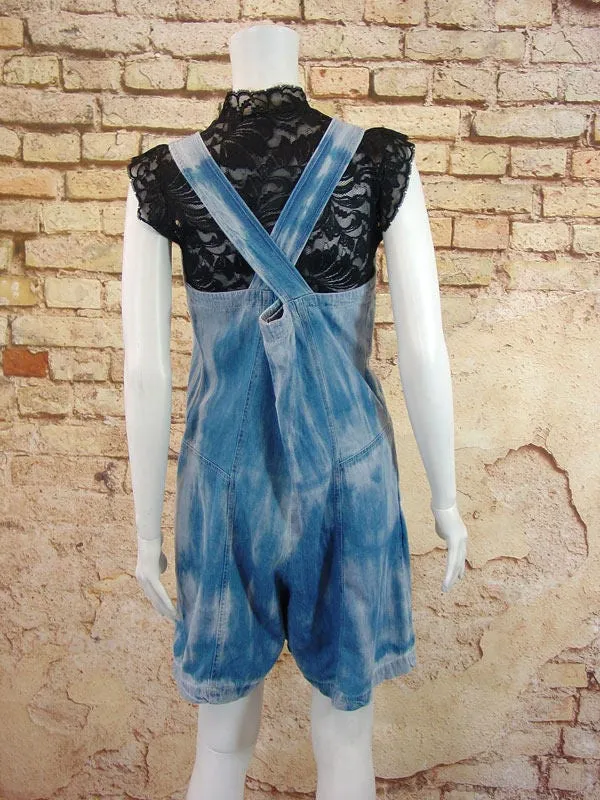 Tie Dye Denim Jumpsuit, Short Flared Overalls, Candy Festival Culotte Playsuit, Size Medium