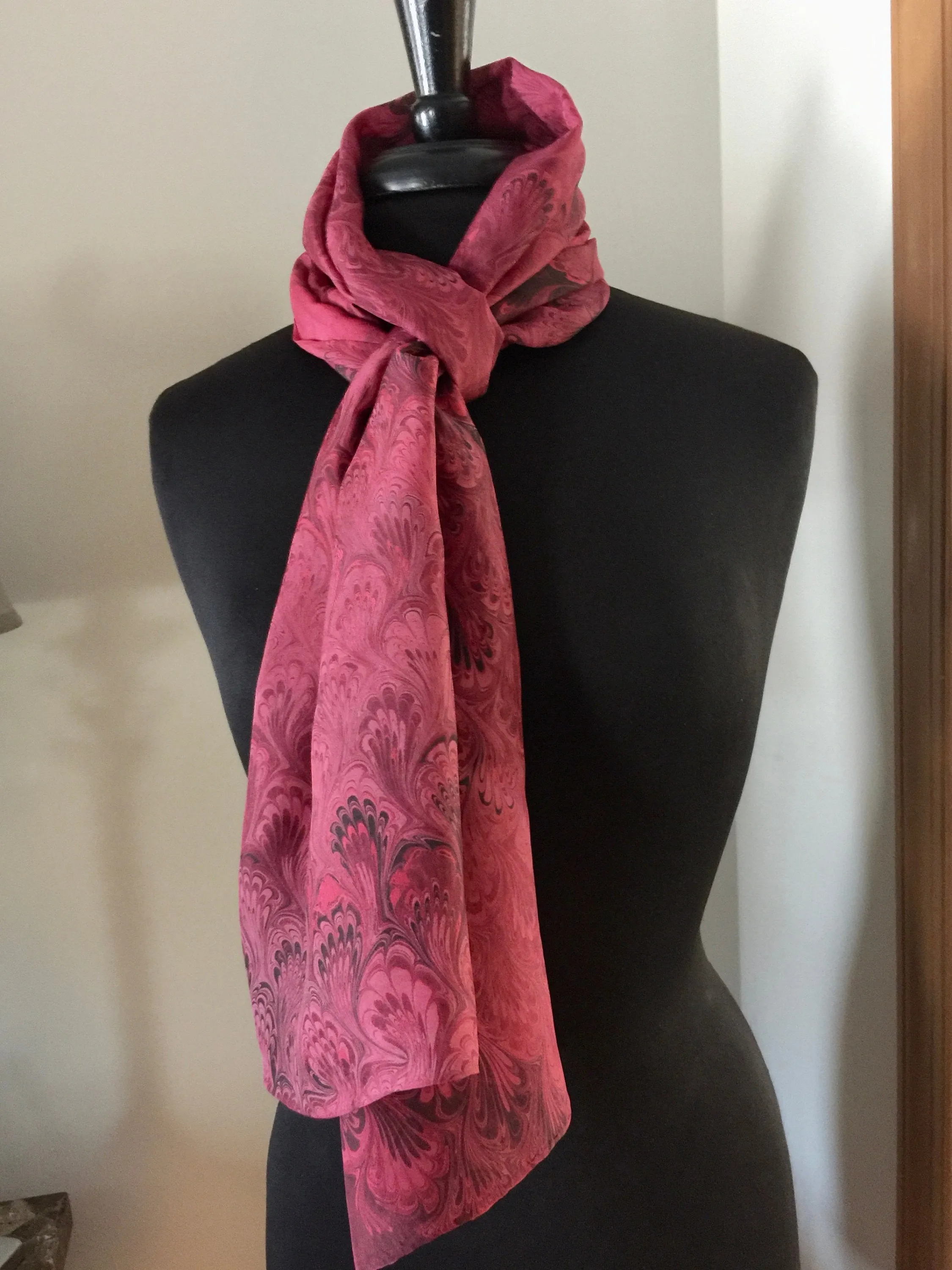 Tokyo  Red & Black Bouquet, a Classic !  14"x72" Habotai silk, comes gift boxed with scarf tying guide and picture postcard