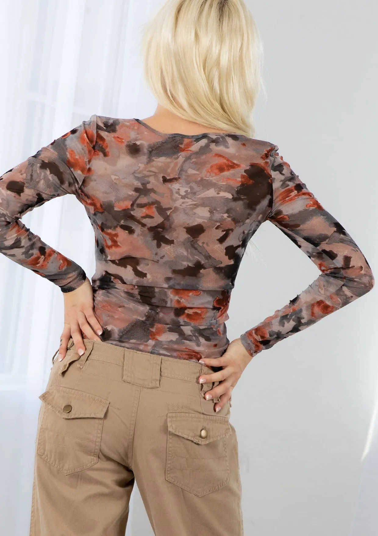Trendy Long Sleeve Sheer Mesh Round Neck Top