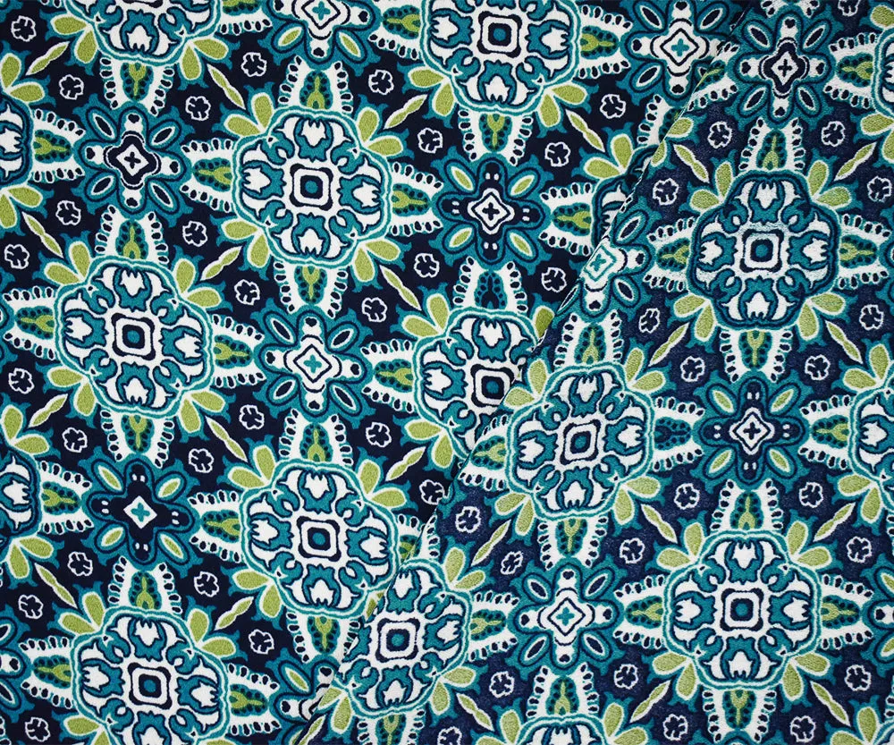 Turquoise-Green-Blue Polyester Floral Tile Printed Momie Georgette Fabric