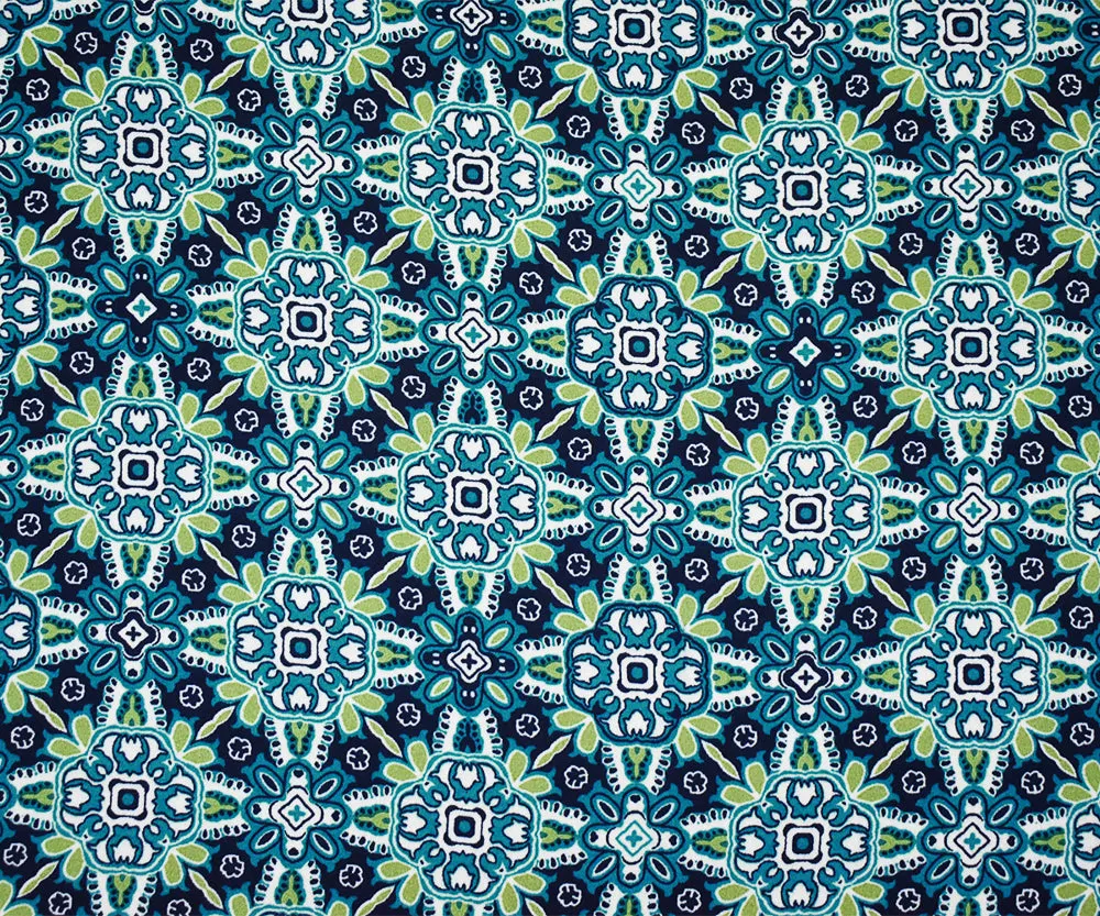Turquoise-Green-Blue Polyester Floral Tile Printed Momie Georgette Fabric