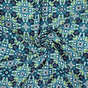 Turquoise-Green-Blue Polyester Floral Tile Printed Momie Georgette Fabric