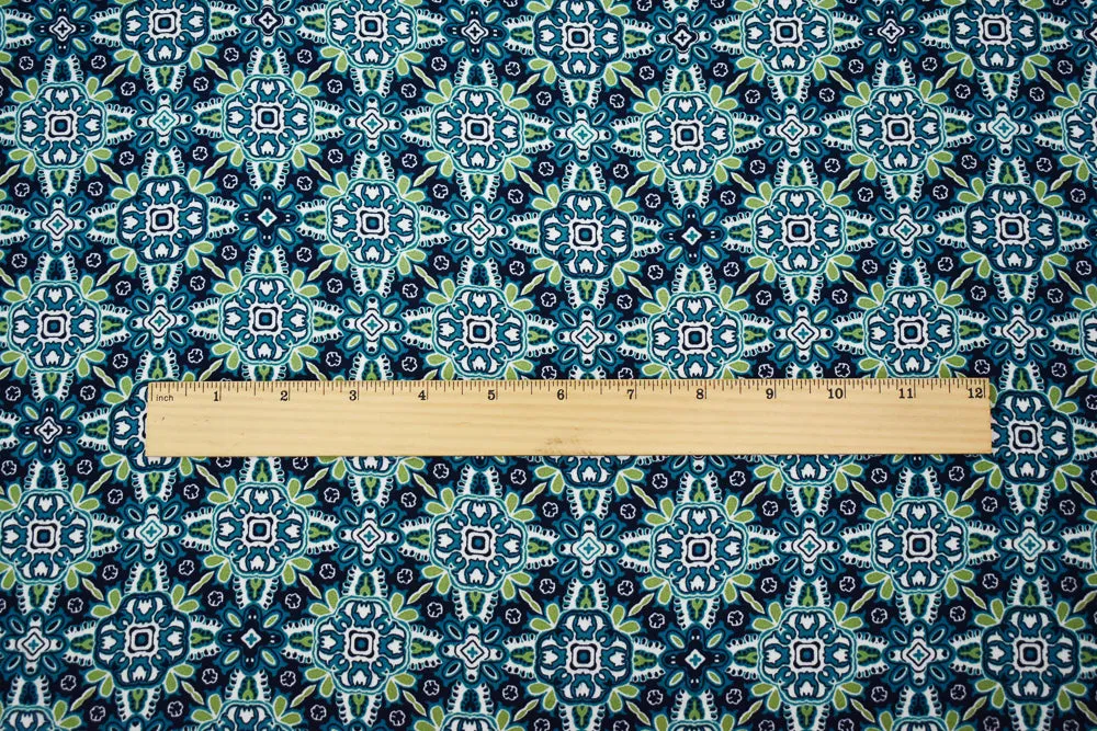 Turquoise-Green-Blue Polyester Floral Tile Printed Momie Georgette Fabric