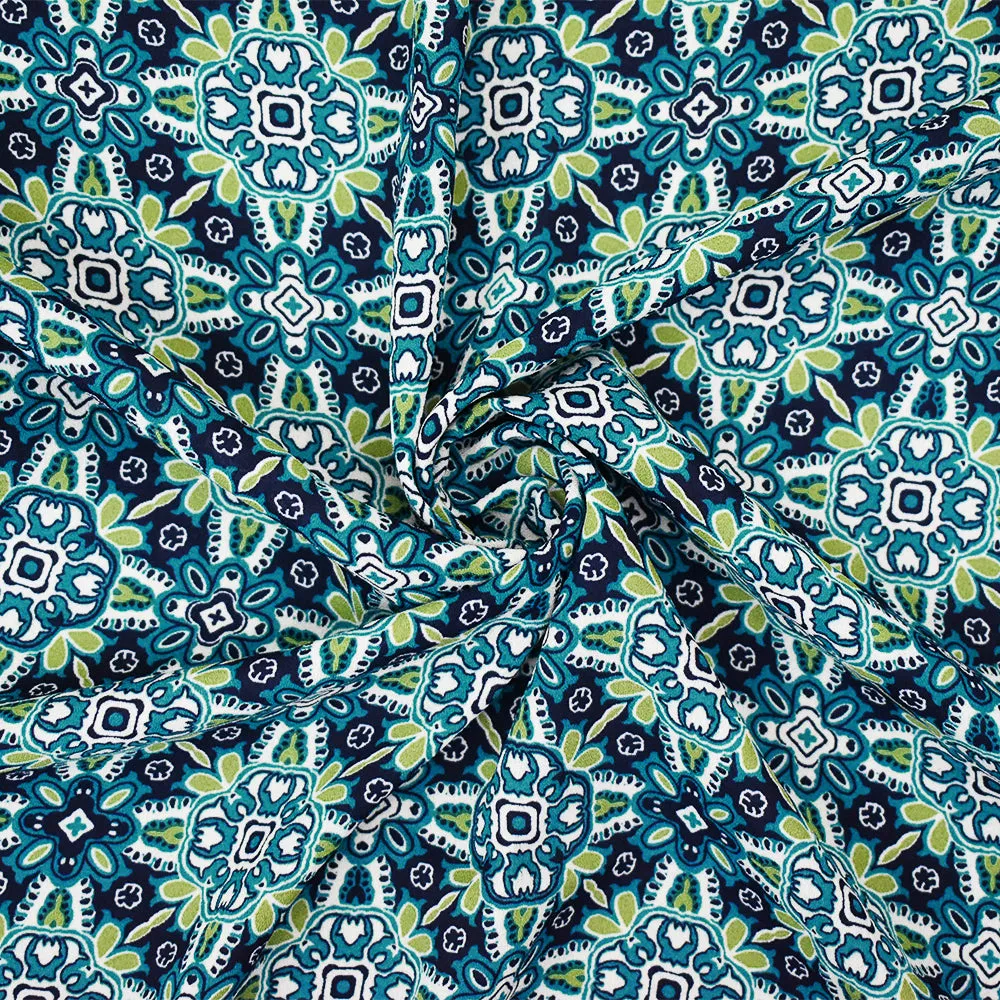 Turquoise-Green-Blue Polyester Floral Tile Printed Momie Georgette Fabric
