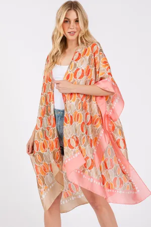 TWO TONES TRIM ABSTRACT PRINT SILKY FEEL KIMONO