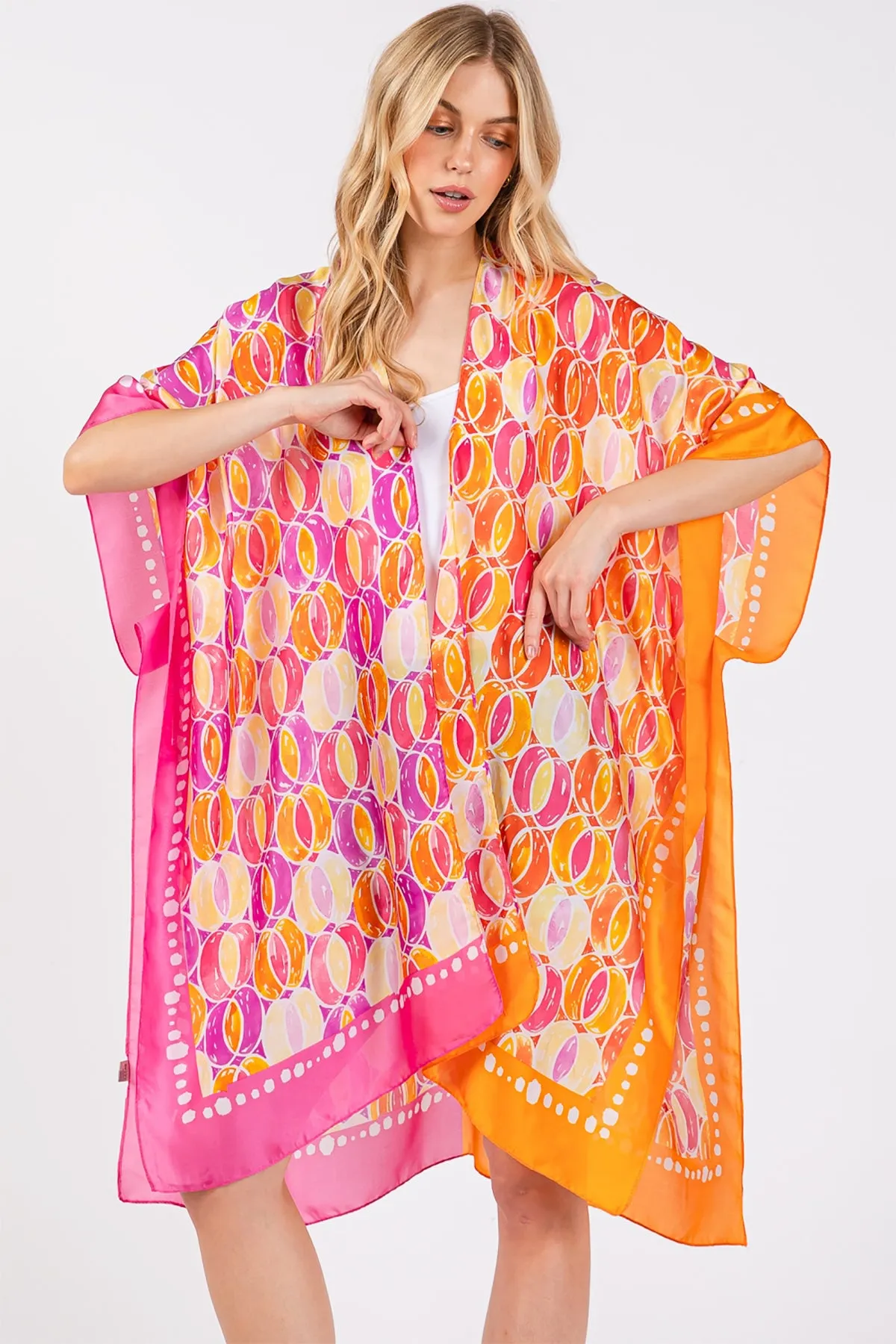 TWO TONES TRIM ABSTRACT PRINT SILKY FEEL KIMONO