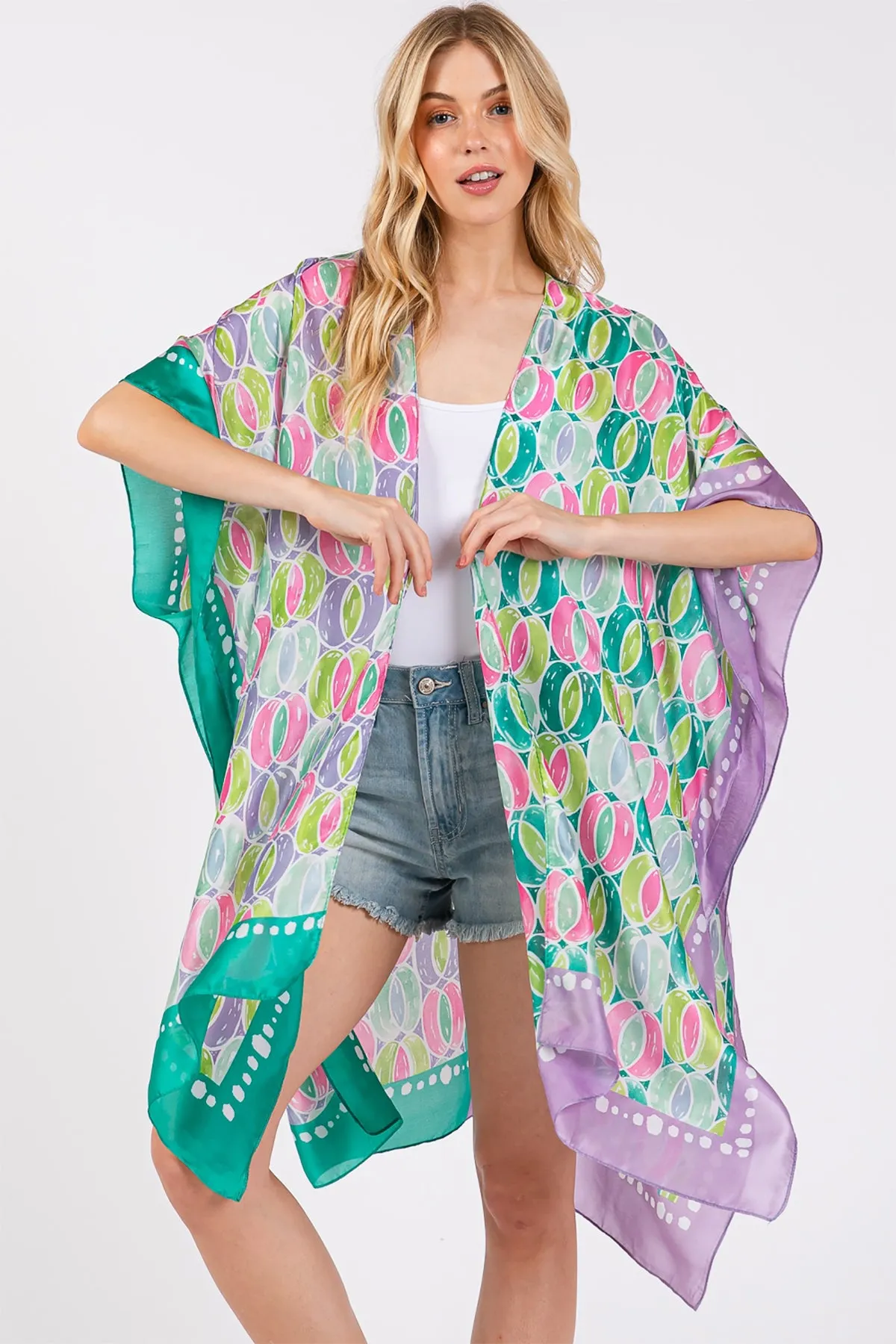 TWO TONES TRIM ABSTRACT PRINT SILKY FEEL KIMONO