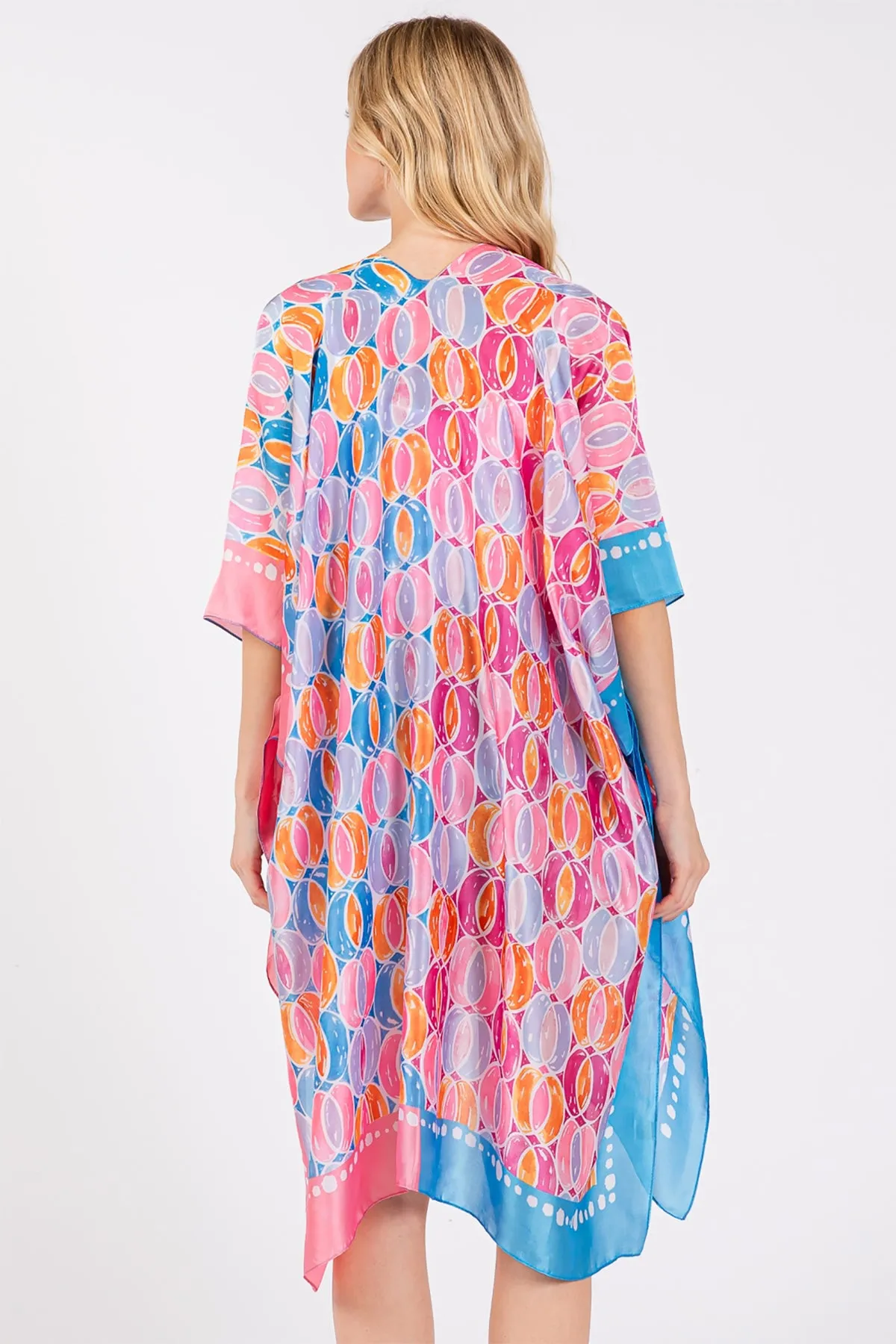 TWO TONES TRIM ABSTRACT PRINT SILKY FEEL KIMONO