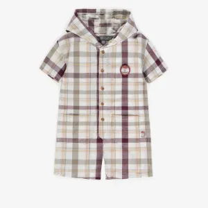Une-pièce crème à carreaux à capuchon en coton gaufré, bébé || Plaid cream hooded one-piece in seersucker cotton, baby