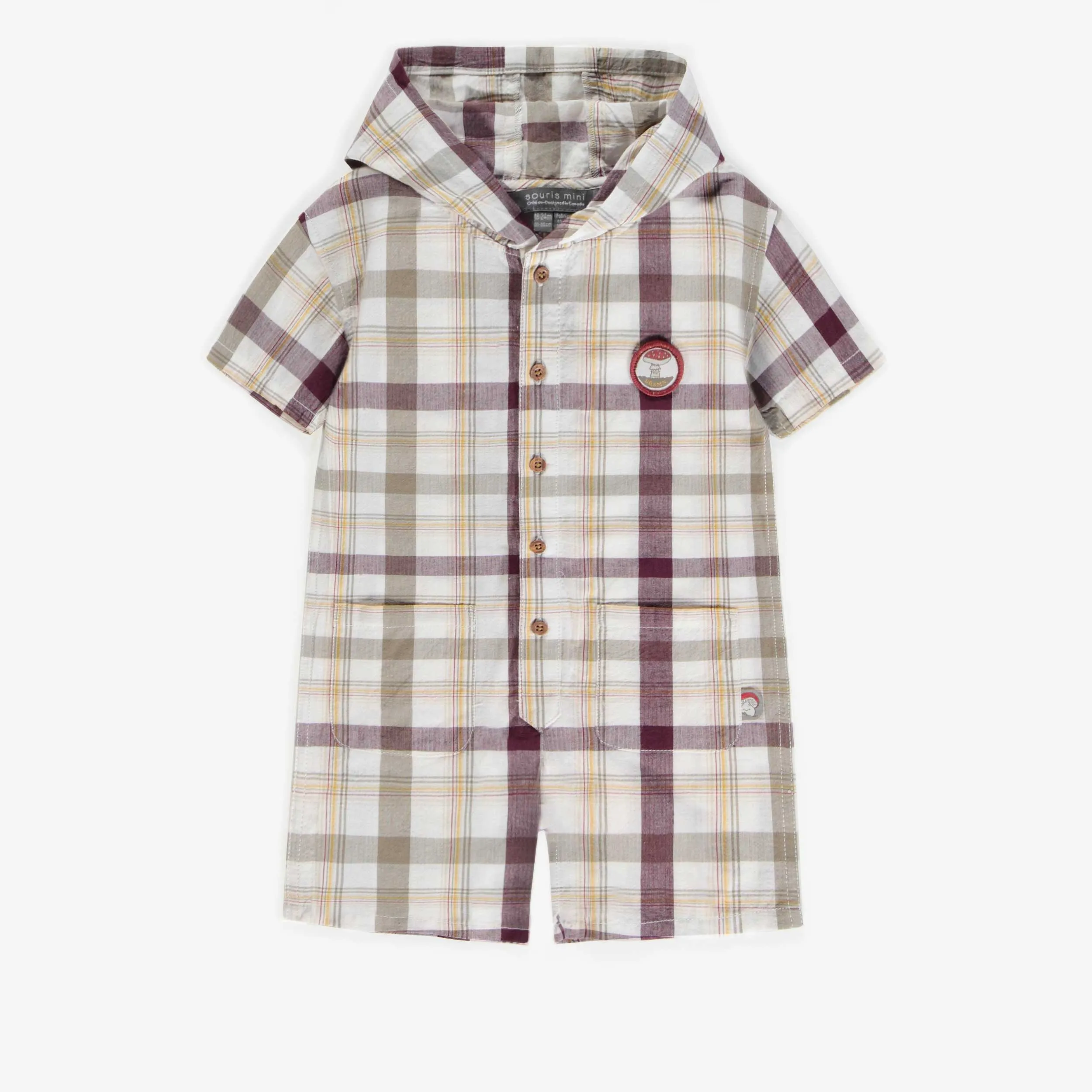 Une-pièce crème à carreaux à capuchon en coton gaufré, bébé || Plaid cream hooded one-piece in seersucker cotton, baby