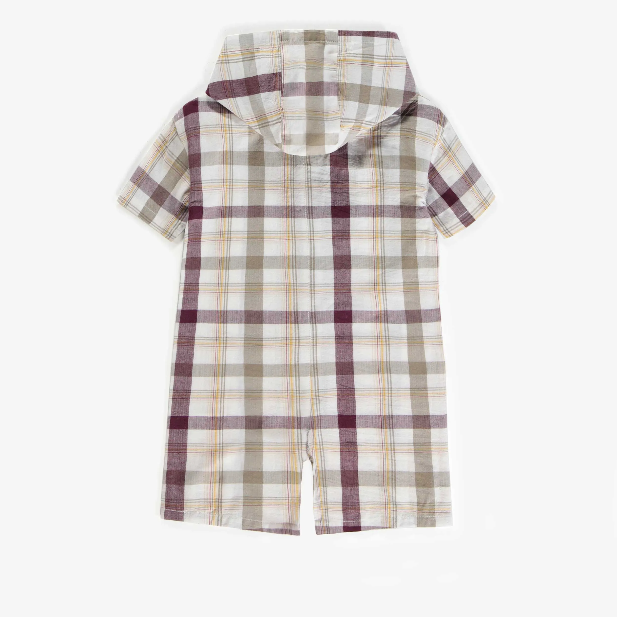 Une-pièce crème à carreaux à capuchon en coton gaufré, bébé || Plaid cream hooded one-piece in seersucker cotton, baby