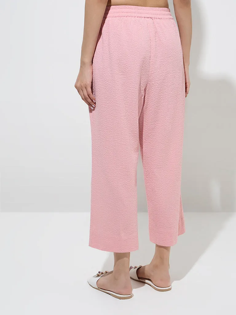 Utsa Light Pink Seersucker Striped Cotton Ethnic Pants
