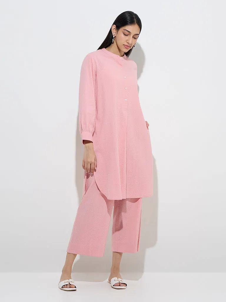 Utsa Light Pink Seersucker Striped Cotton Ethnic Pants