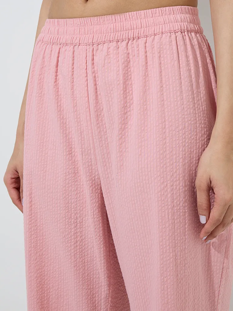 Utsa Light Pink Seersucker Striped Cotton Ethnic Pants