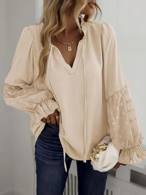 V-neck Blouse - Floral Mesh Design and Ruffle Sleeves