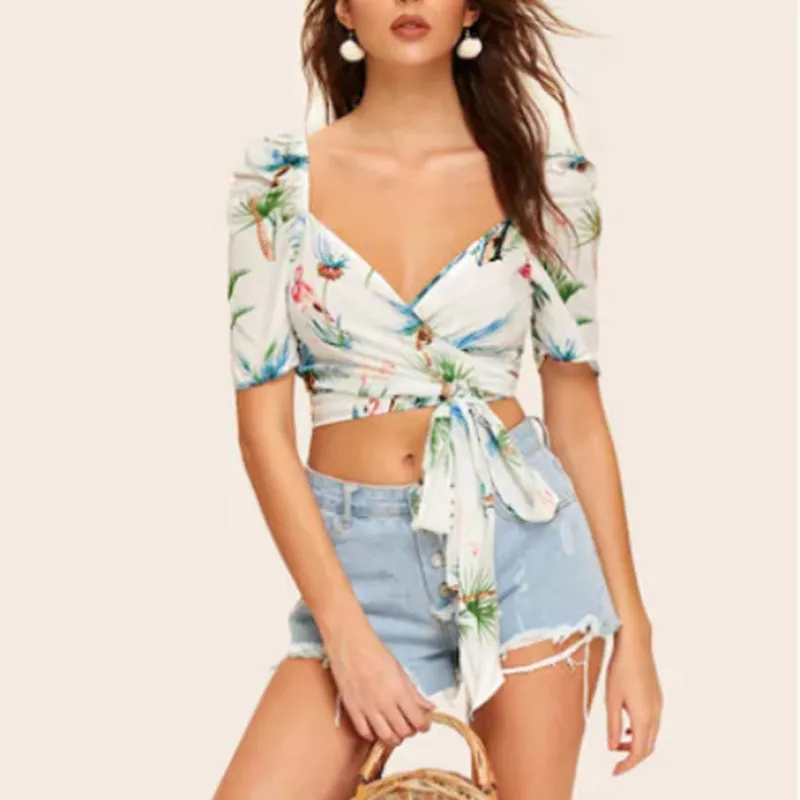 V-neck Slim Straps Printed Shirt Women