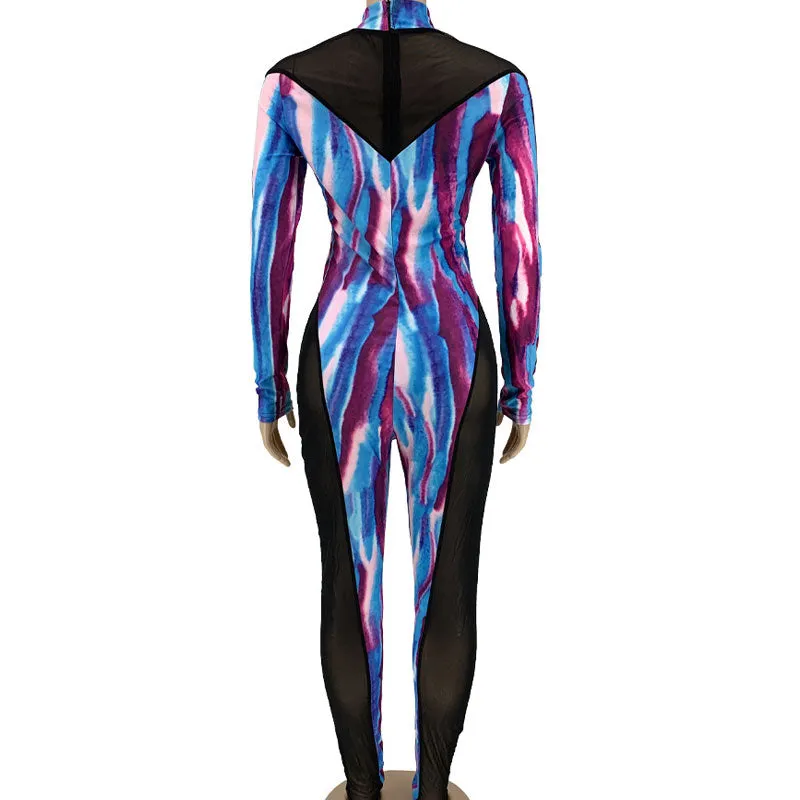 Velvet Print Sheer Mesh Patchwork Long Sleeve Jumpsuit