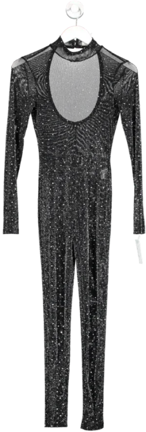 Vera & Lucy Black Embellished Sheer Mesh Jumpsuit UK S