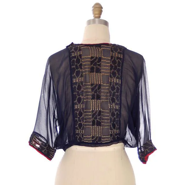 Vintage Antique Edwardian Navy  Silk Pongee Blouse Embroidered Downton Abbey Era 48" Bust