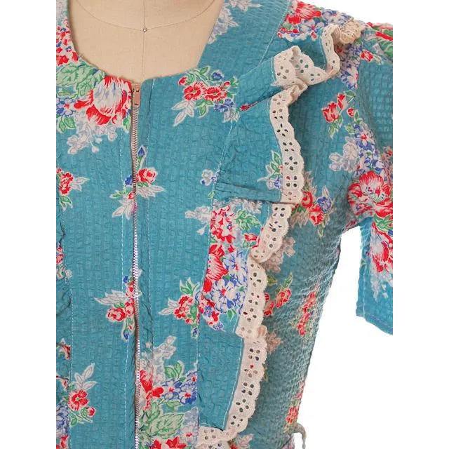 Vintage Krinkle Seersucker Robe/ Housedress Turquoise Floral 1940s Zip Up