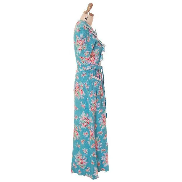 Vintage Krinkle Seersucker Robe/ Housedress Turquoise Floral 1940s Zip Up