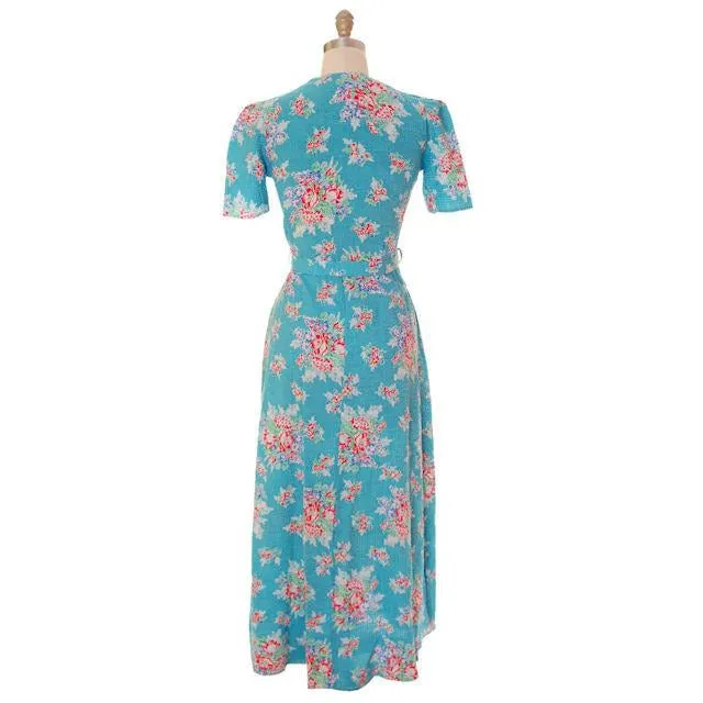 Vintage Krinkle Seersucker Robe/ Housedress Turquoise Floral 1940s Zip Up