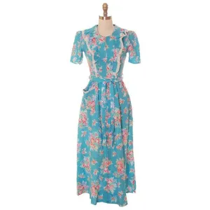 Vintage Krinkle Seersucker Robe/ Housedress Turquoise Floral 1940s Zip Up