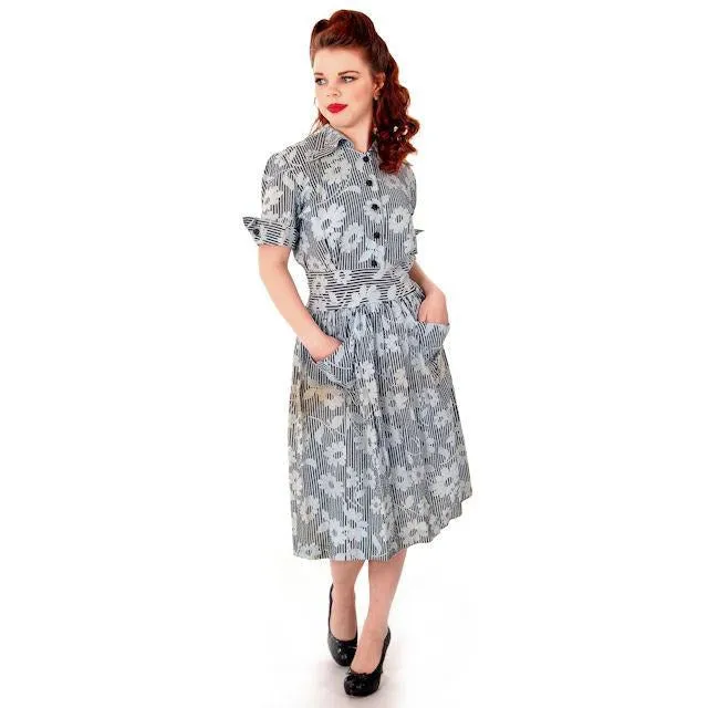 Vintage Seersucker Day Dress Blue/Black Stripes Early 1940s Size Small