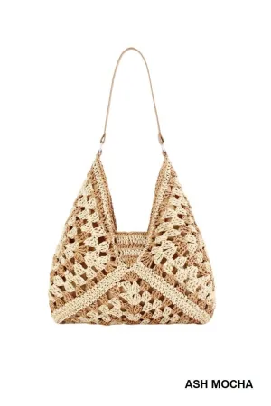 Vintage Woven Straw Crochet Bucket Shoulder Bag