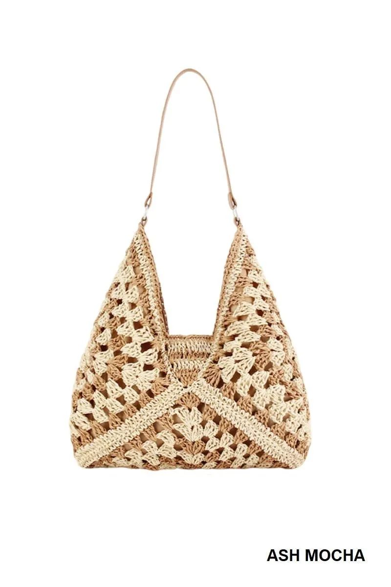 Vintage Woven Straw Crochet Bucket Shoulder Bag